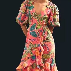 FARM Rio Pink and Green Ruffled Wrap Midi Dress, with tags